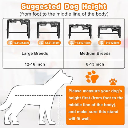 Elevated Dog Bowls, 4 Height Adjustable Metal Raised Bowl Stand with 2 Thick Stainless Steel Food Bowls & Spill-Proof Mat, Adjusts to 13.6'', 12.2'', 10.9'', 9.5'' for Large/Medium Breeds. Black