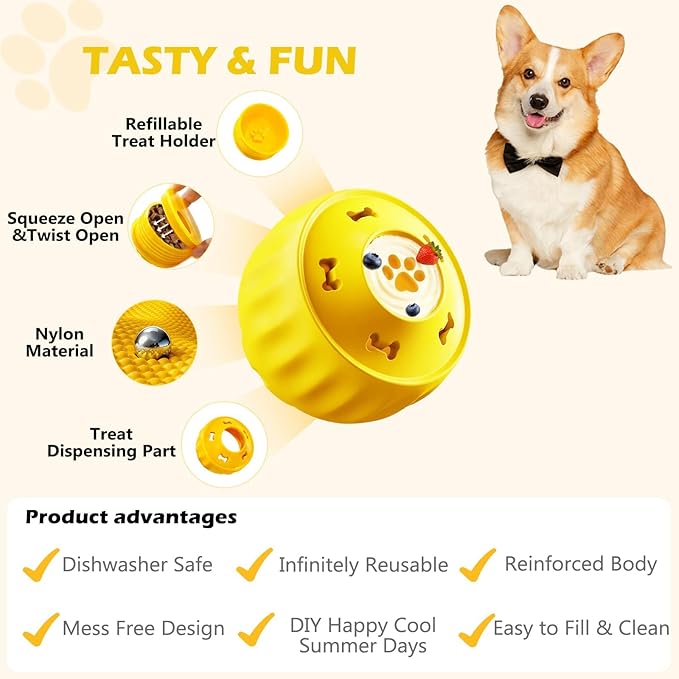 Frozen Treat Dispensing Dog Toy to Keep Them Busy, Interactive Indestructible Dog Puzzle Toy for Small Medium Breeds, Cognitive Dog Enrichment Toys Freezable - Yellow