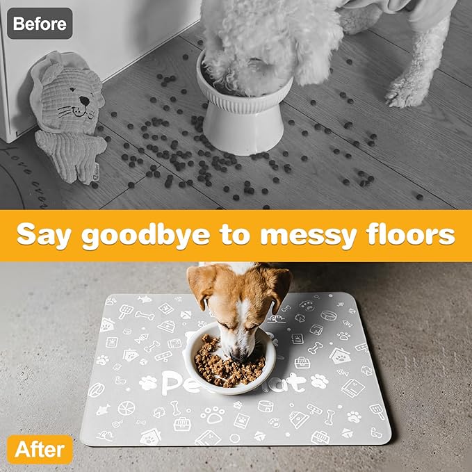 Pet Feeding Mat,Dog Cat Mat for Food and Water,Dog Bowl Waterproof Placemat with Rubber Backing,Absorbent Quick Dry Water Dispenser Mat for Pet（Light Gray 16"×24"）