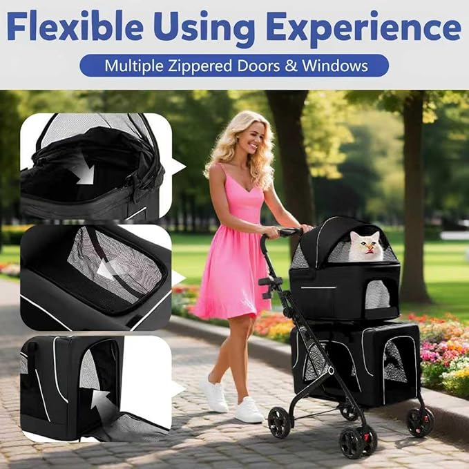 Double Dog Stroller with Cup Holder, Foldable 3-in-1 Cat Strollers with 2 Detachable Carriers, Safety Belt, Washable Cover, Removable Pads, 4 Wheels Travel Pet Stroller for Small Medium Dogs (Black)