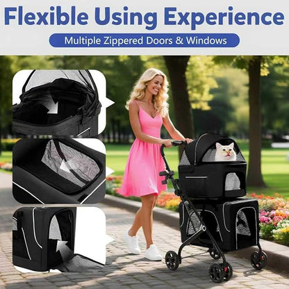 Double Dog Stroller with Cup Holder, Foldable 3-in-1 Cat Strollers with 2 Detachable Carriers, Safety Belt, Washable Cover, Removable Pads, 4 Wheels Travel Pet Stroller for Small Medium Dogs (Black)