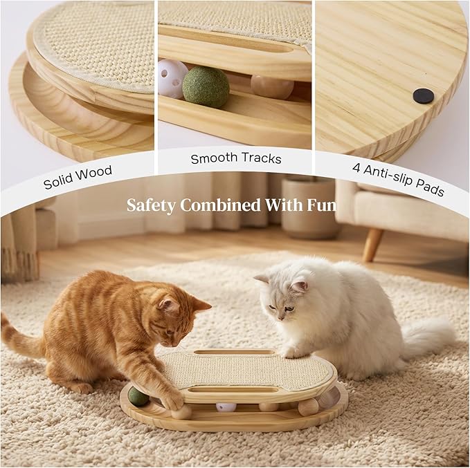 Cat Scratcher with Ball Track Toy, Large Sisal Scratch Pad for Indoor Adult Cats, Wooden Interactive Cat Puzzle Toys for Kitten Mental Stimulation Self Play Home Enrichment