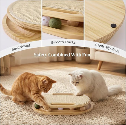 Cat Scratcher with Ball Track Toy, Large Sisal Scratch Pad for Indoor Adult Cats, Wooden Interactive Cat Puzzle Toys for Kitten Mental Stimulation Self Play Home Enrichment