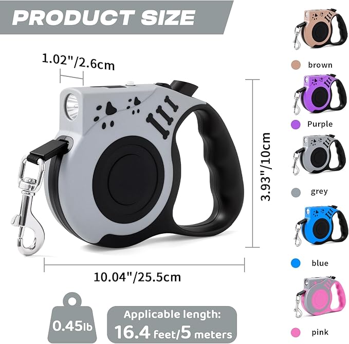 Retractable Dog Leash with USB Rechargeable Flashlight for Night Walks, 16FT Automatic Telescopic Tractor Dog Leash for Small and Medium Dogs, Grey