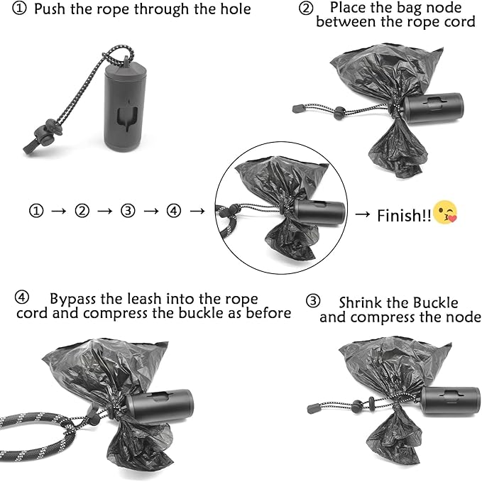 Aluminum Dog Poop Bags Holder with Carabiner Metal Pet Waste Bags Dispenser with Hook and Loop Fastener and Elastic Cord to Carry Used Bags (Black)