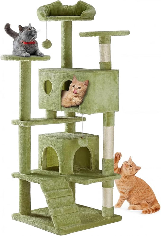 DUMOS 54-inch Indoor Cat Tree Tower –Multi-Level Pet House for Large Cats with 2 Condos, Scratching Posts, Round Platform, Small Ladder, and Toys, Green