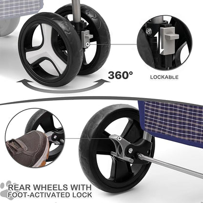 MoNiBloom 3 Wheels Pet Dog Cat Stroller for Small Medium Dogs Cats, Lightweight Foldable Jogger Stroller w/Storage Basket and Cup Holder, Plaid