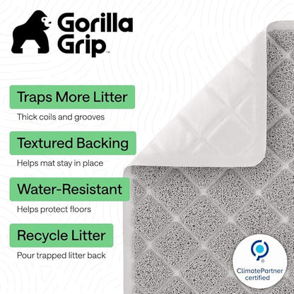 GORILLA GRIP Cat Litter Box Mat, 47x35, Cushioned Coil Mesh Litter Trapping Mats, Scatter Control Supplies for Less Mess, Phthalate Free, Ultra Deep Catch Grooves, Rinse or Vacuum to Clean, Light Gray