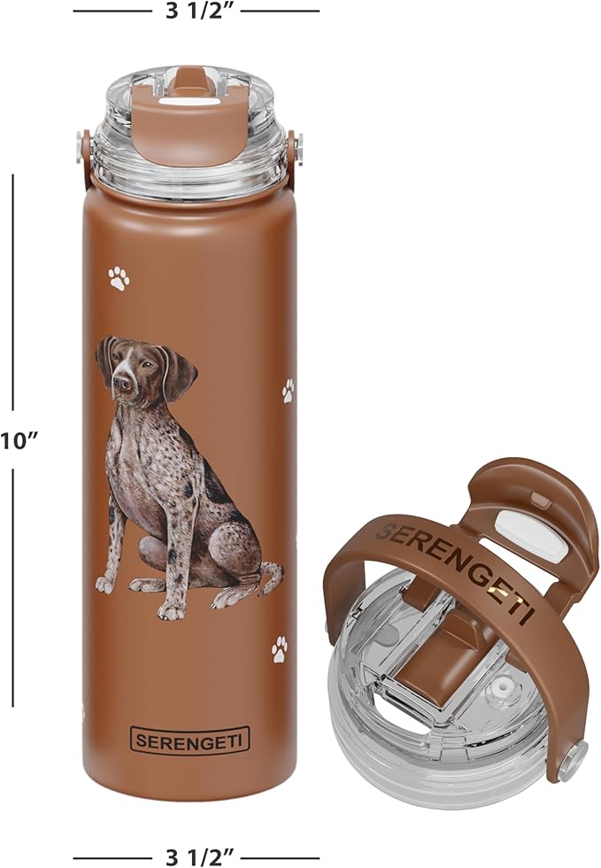 E&S Pets SERENGETI 24 Oz Water Bottle Stainless Steel with Spill Proof Lid - Double walled Vacuum Insulated water flask - Realistic 3D Print of your favorite dog (German Shorthaired)
