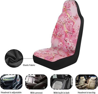 Cherry Blossom Car Front Seat Covers 2 PCS Pink Marble Print Vehicle Seat Cover Fit Most Cars, Sedan, SUV, Van Universal Automotive Accessory Decor