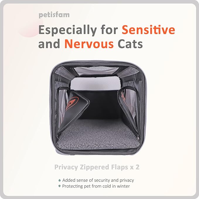 You've got This Cat Carrier with Privacy Flaps for Nervous Fur-Kids. Top-Load Quick-in. 360° Airy Mesh Windows Let Cats See You & Reduce Travel Anxiety. Rip-Stop Fabric & Lockable Zips Hug Securely