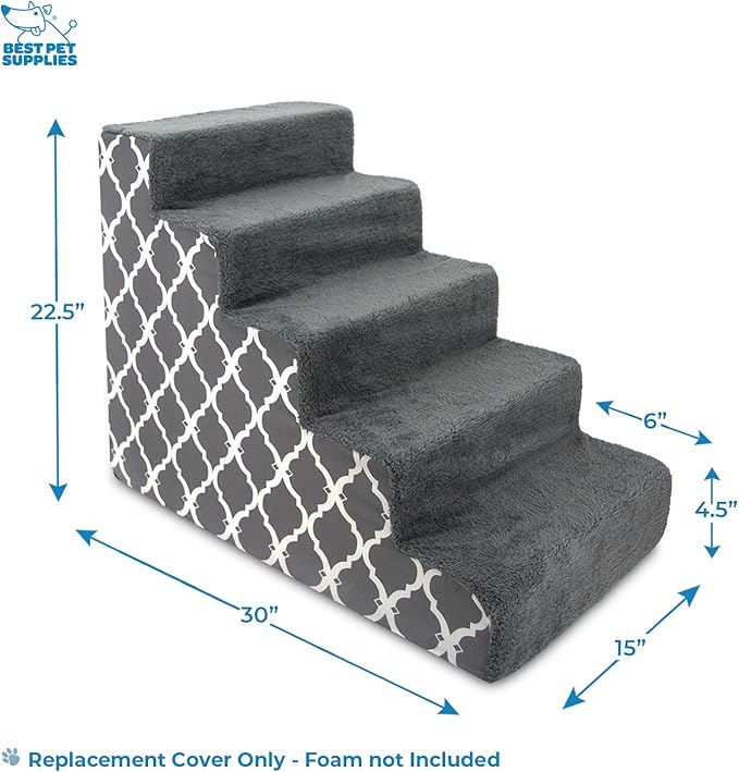 Best Pet Supplies Foam Pet Steps Cover for Small Dogs and Cats, Portable Ramp Stairs for Couch, Sofa, and High Bed Climbing (Cover Only) - Gray Lattice, 5-Step (Cover Only)