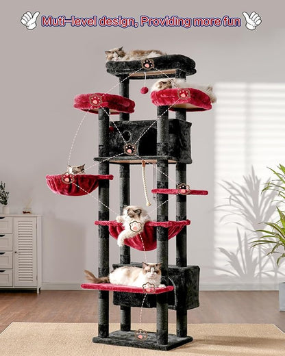 Cat Tree for Indoor Cats Large Adult, 74" Cat Tower for with 3 Big Platforms, 2 Baskets, 2 Condos, Multi-Level Cat Scratching Posts, Black and Red GCT030BR