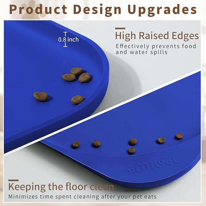 Silicone Pet Food Mat with Raised Edge for Food and Water Bowl, Dog Feeding Mats, Cat Food Trays for Floor Waterproof, Rubber Tray for Dogs and Cats, 24 x 16 x 0.8 Navy Blue