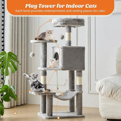 DUMOS Small 44 Inch Cat Tree Tower, Cat Climbing Tower with Natural Sisal Scratching Posts, Hammock, Pet Condo for Indoor Cats and Kittens Play, Light Grey