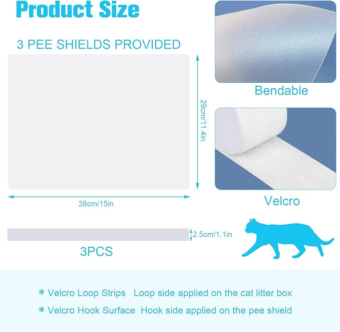 3 Pcs Cat Litter Box Splash Guard Pee Shields - Anti-Splashing Reusable High Sided Cat Toilet Training Kit for Open Top Litter Pan