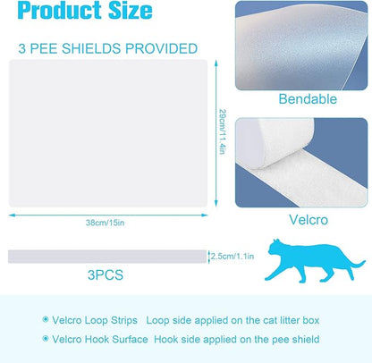 3 Pcs Cat Litter Box Splash Guard Pee Shields - Anti-Splashing Reusable High Sided Cat Toilet Training Kit for Open Top Litter Pan