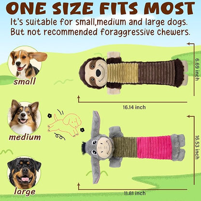 2 Pack No Stuffing Dog Squeaky Toys,Dog Chew with Crinkle and Squeaker,Cute Animal Plush to Keep Them Busy, Suitable for Large, Medium and Small Breeds (Donkey&Sloth