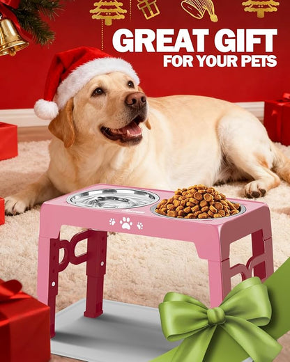 Elevated Dog Bowls for Medium Size Dogs with Mat, Non-Slip Dog Feeder with 1*Stainless Steel Dishes & 1*Slow Feeder Bowl, 5 Heights Adjustable Raised Bowls for 3.15″-8.66″-9.84″-11.02″-12.2″