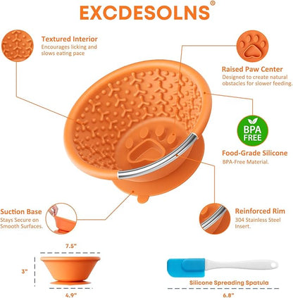 Slow Feeder Dog Bowl with Suction Cup & Reinforced Rim, 3-Cup Puzzle Maze Dog Lick Bowl for Anxiety Relief, Anti-Choking & Non-Slip, BPA-Free Silicone, for Small to Large Breeds (Orange)