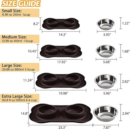 Hubulk Pet Dog Bowls 2 Stainless Steel Dog Bowl with No Spill Non-Skid Silicone Mat + Pet Food Scoop Water and Food Feeder Bowls for Feeding Small Medium Large Dogs Cats Puppies (X- Large, Chocolate)