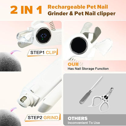 2-in-1 Dog Nail Clippers with Light & Digital Display – Upgraded Pet Nail Grinder, Safety Guard, USB Rechargeable Catcher for Cats and Dogs, Low Noise & Painless Trimming (White)