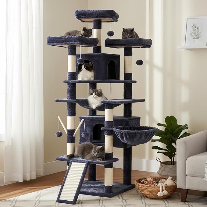 Hey-brother Cat Tree, 71 inches XL Large Cat Tower for Indoor Cats, Multi-Level Cat House with 3 Padded Perches, Big Scratcher, Cozy Basket, 2 Cat Condos and Scratching Posts, Smoky Gray MPJ034G