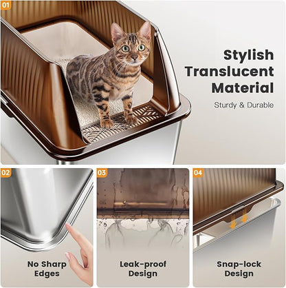 Tripamin 15” XL Stainless Steel Cat Litter Box Enclosure, XXL Stainless Steel High Sides with Lid, Extra Large Metal Cat Litter Box, Anti Leakage, Non-Sticky, Easy Cleaning, Includes Scoop
