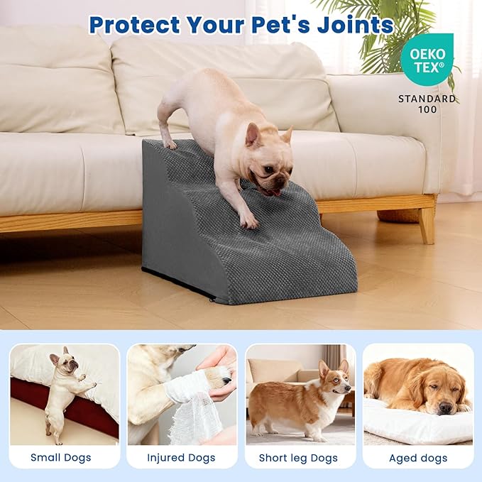 Dog Stairs for Small Dogs and Cats – 3 Step Pet Ramp for Couch & Sofa, Non-Slip Dog Steps for Pets, Washable Cover, High-Density Support Foam for Easy Climbing,Grey
