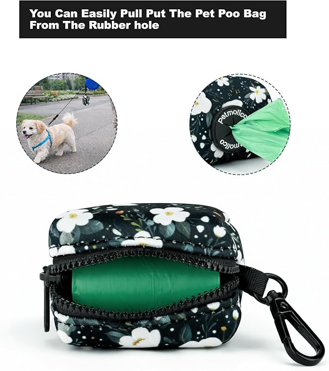 Petmolico Dog Poop Bag Holder Leash Attachment, Dog Waste Bag Dispenser Zippered Pouch, Fits Any Dog Leash, Includes Free Roll of Dog Bags, Poop Bag Dispenser - 2 Packs, Mixed Cyan&Flower