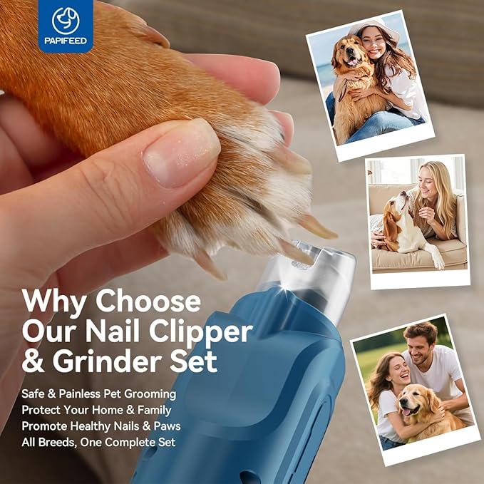 PAPIFFEED Pet Nail Grinder with Nail Clipper Kit, 6 Speed Adjustable Dog Nail Trimmer with LED Light, Rechargeable Pet Nail File with Dust Proof & Type-C Charging (Blue Set)