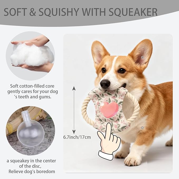 Dog Frisbees Cotton Rope Toys Flying Discs 2 Pack, Teething, Soft Polyester Squeaker Toy for Training,Throwing and Interacting for Anti Boredom & Anxiety, Easy to Clean