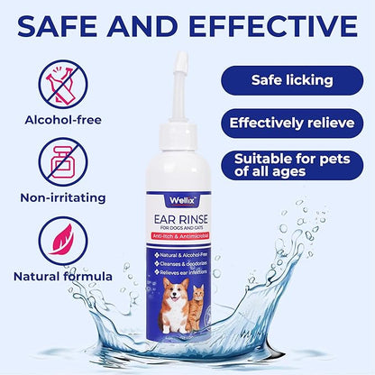 Wellix 120ml Ear Cleaner for Dog & Cat - Ear Infection Treatment Without Irritation - Dog Ear Wash for Itch Relief & Soothing Inflammation - Ear Wax, Powder and Odor Removal Drops