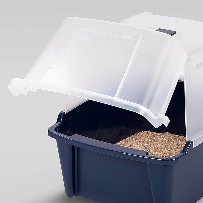 IRIS USA Cat Litter Box, Litter Box Enclosure with Scoop, Split Hood and Front Door Flap, Covered Kitty Litter Box for Privacy, Portable, Easy to Clean, Navy