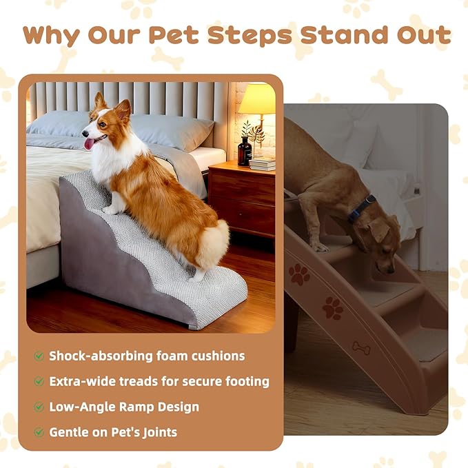 Makigued Dog Stairs for Small Dogs and Cats, 20" H 4 Steps Pet Steps Ramp for High Bed, Couch, Sofa, Waterproof Pet Stairs with Removable Washable Cover, Non-Slip Bottom, Light Gray