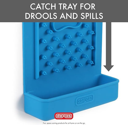 Dexas Snack & Distract Licking Mat with Catch Tray for Dogs and Cats-5"x 9", Pro Blue. Sticks to Most Slick or Smooth Surfaces. Eases Anxiety, Prevents Boredom, Entertains and Distracts.