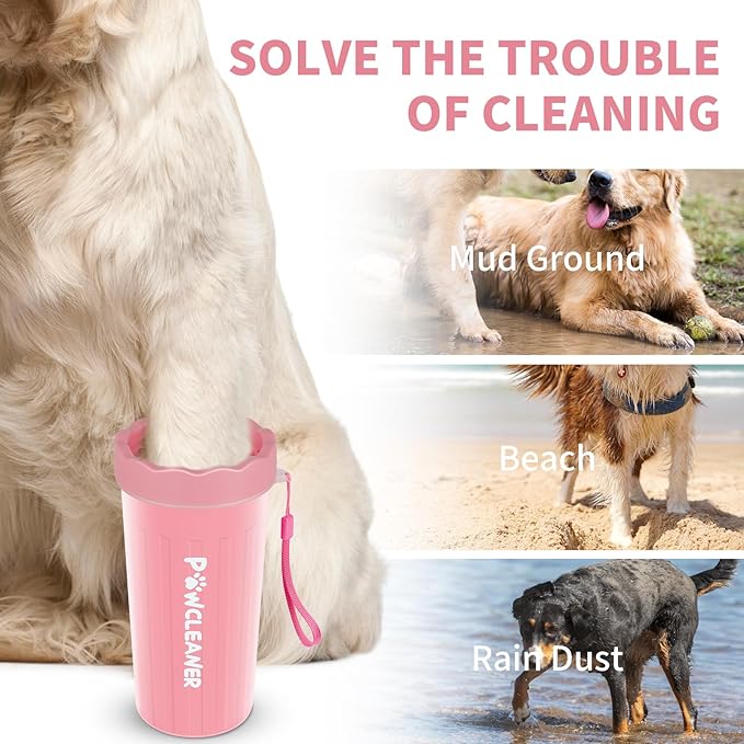 Professional 7 in 1 Dog Paw Cleaner for Dogs - Includes 1 Portable Paw Washer, 1 Bath Brush, 2 Dog Toothbrushes and 3 Absorbent Towels Note: Fits Paws 2.5 to 3.5 Inches Wide (Large, Light Pink)