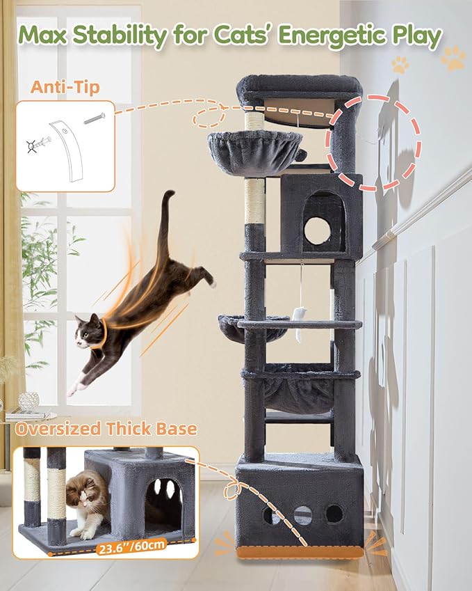 Taoqimiao 72 Inch Cat Tree, XXL Cat Tower for Indoor Cats Large Adult 25Lbs+, Extra-Large Platform, 2 Cat Houses, 7 Scratching Post, Extra-Sized Durable Hammock, Cozy Basket, Smoky Gray, F20G