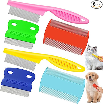 Boao 6 Pack Flea Lice Comb Stainless Steel Dog Cat Grooming Combs with Rounded Teeth, Double Sided Pet Tear Stain Remover Dematting Tool for Pets(Pink, Yellow, Dark Blue, Green, Blue, Orange)