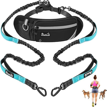 SlowTon Hands Free Dog Leash 2 Dogs - with Removable Zipper Pouch, Shock Absorbing Bungee, Dual Handle & Reflective Stitches, Wide Padded Adjustable Waist Leash for Dogs Walking Running, XL for 2 Dogs