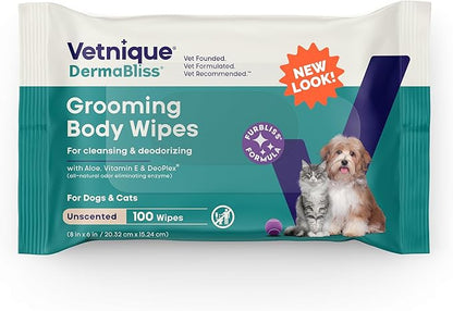 Vetnique DermaBliss Pet Wipes for Dogs & Cats for Grooming, Cleansing & Deodorizing, Thick Dog Wipes for Convenient Dog Cleaning and Natural Pet Odor Eliminator, 100ct (Unscented)