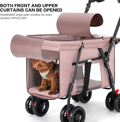 Pet Stroller Cat Dog Stroller Travel Folding Pet Carriers（Pink）