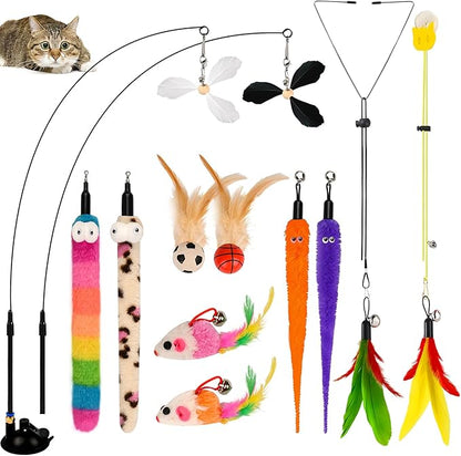 Cat Feather Toys, Enhanced Suction Cup Cat Toys, Interactive Cats Teaser Wand, 10pcs Fishing Pole Feathers Toy Replacements & 2pcs Bouncy Balls, 2 Types Door Hanging Cats String Toy