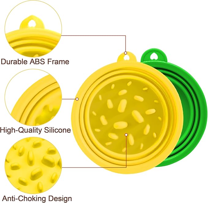 Small Collapsible Dog Bowls (12oz), 1 Pack Pet Travel Foldable Bowl and Slow Feeding Frisbee with Carabiners, Healthy, Soft Silicone, Portable Essential Set for Walking, Travel, and Hiking (Yellow)