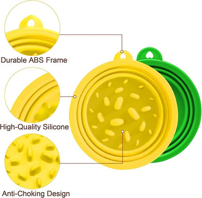 Small Collapsible Dog Bowls (12oz), 1 Pack Pet Travel Foldable Bowl and Slow Feeding Frisbee with Carabiners, Healthy, Soft Silicone, Portable Essential Set for Walking, Travel, and Hiking (Yellow)