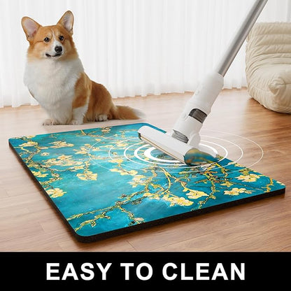 Dog Food Mat, 12" x 19" Flower Absorbent Dog Cat Bowl Mat for Food and Water, Cute Anti-Slip Rubber Pet Feeding Rug Protect Floors, Placemat for Feeding & Watering Supplies, Green