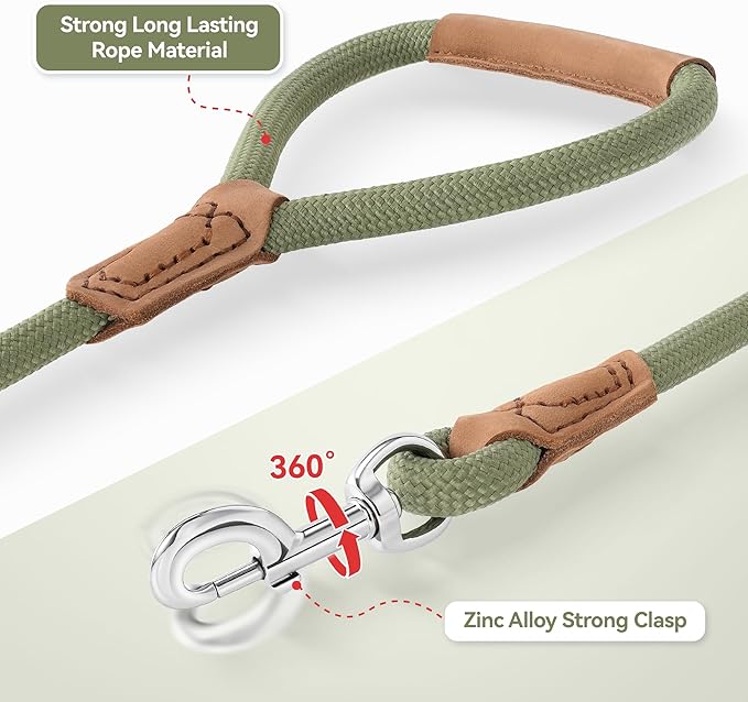 Mile High Life Leather Dog Leash, Heavy Duty Strong Genuine Leather Handle Rope Leash Soft and Comfortable for Small Medium Large Dogs (Olive Green, 48 Inch)