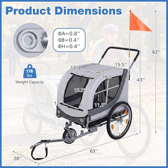 Giantex 2-in-1 Dog Bike Trailer & Pet Stroller for Large Dogs – Foldable Pet Carrier Cart with Front Caster & 2 Air-Filled Tires, Breathable Mesh, PVC Rain Cover, 176 lbs Capacity