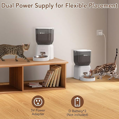 Remote Controlled Automatic Dog & Cat Feeder, APP Controlled,with Freshness Preservation, Timed Cat Feeder with Stainless Steel Bowl. 4L Capacity Up to 6 Meals Per Day and 1-15 Portion for Pets（White）
