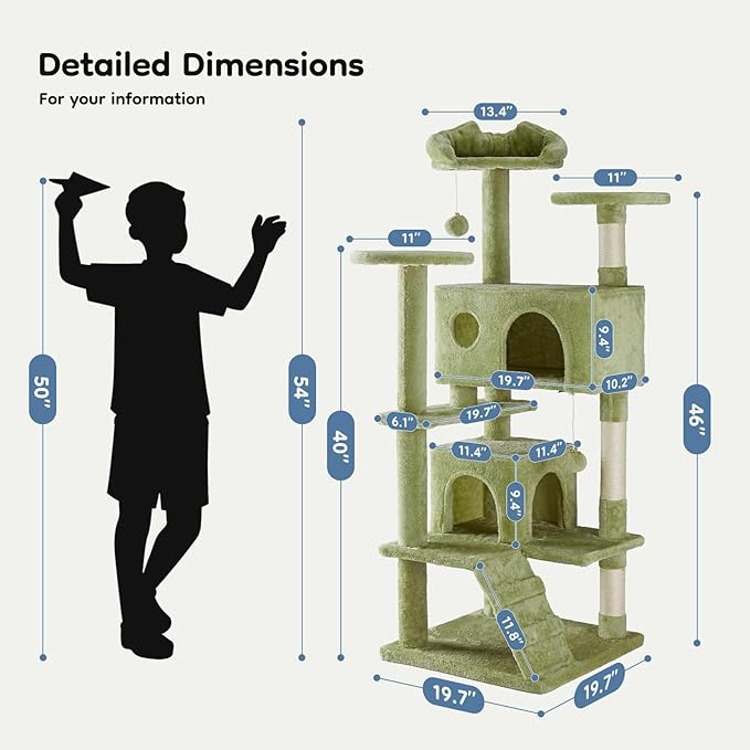 DUMOS 54-inch Indoor Cat Tree Tower –Multi-Level Pet House for Large Cats with 2 Condos, Scratching Posts, Round Platform, Small Ladder, and Toys, Green